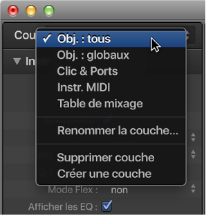 Figure. Menu local Couche avec liste des couches.