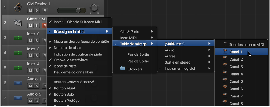 Figure. Accès à l’instrument mappé dans le menu contextuel Réassigner la piste de la zone Pistes.