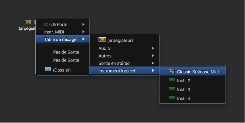 Figure. Sélection d’un objet de destination dans le menu contextuel Réassigner la piste situé dans la fenêtre d’environnement.