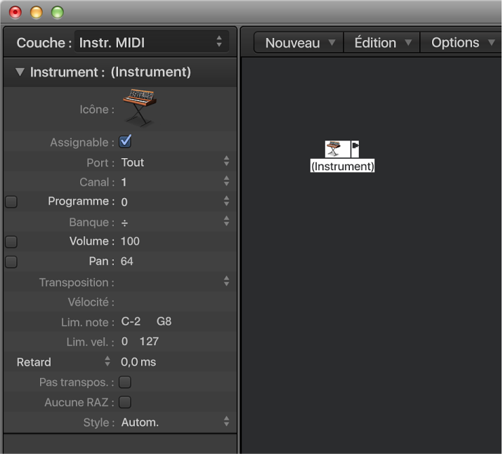 Figure. Fenêtre Environnement affichant un objet Instrument standard et son inspecteur.