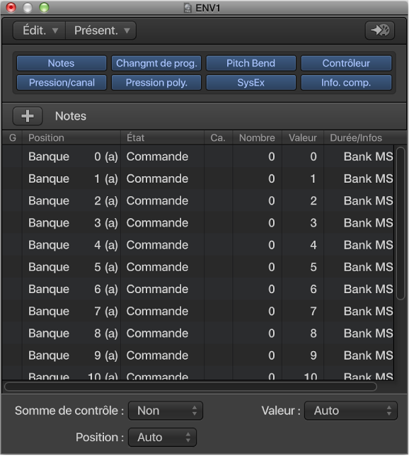 Figure. Fenêtre Liste d’événements affichant des messages de banque personnalisés.