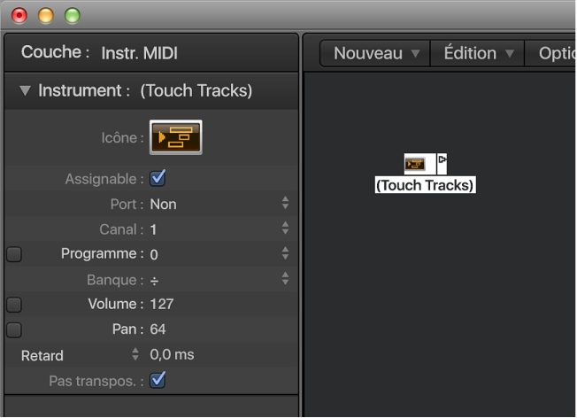 Figure. Fenêtre Environnement affichant un objet Touch Track et son inspecteur.