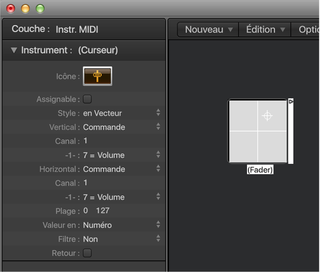 Figure. Fenêtre Environnement affichant un objet Curseur vectoriel et son inspecteur.
