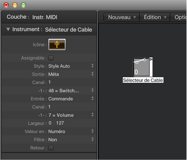 Figure. Fenêtre Environnement affichant un objet Sélecteur de câble et son inspecteur.