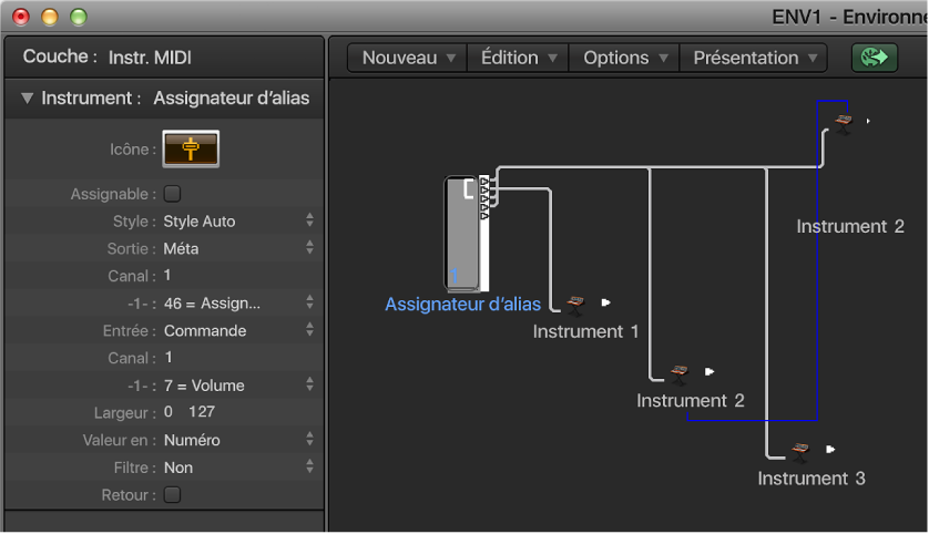 Figure. Fenêtre Environnement affichant un objet Assignateur d’alias et son inspecteur.