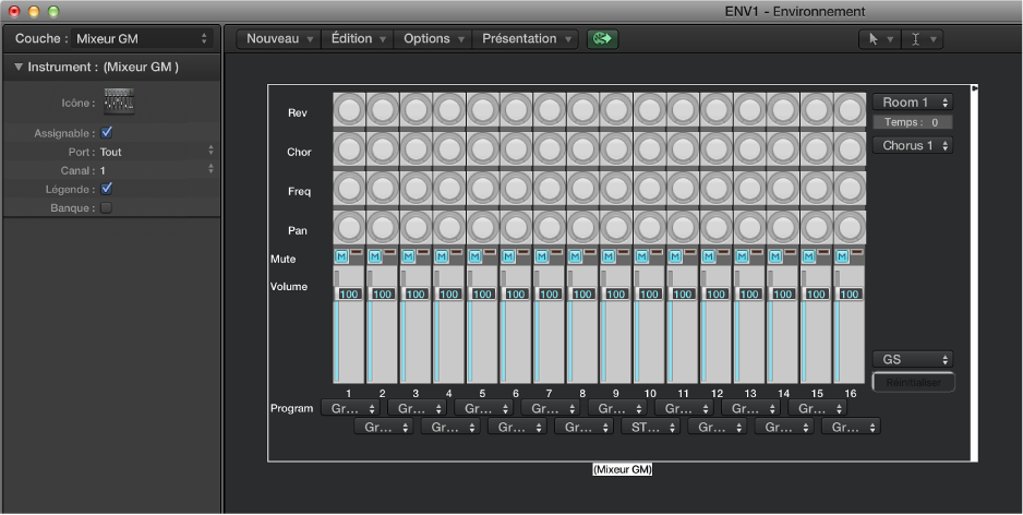 Figure. Fenêtre Environnement affichant un objet Table de mixage GM et son inspecteur.