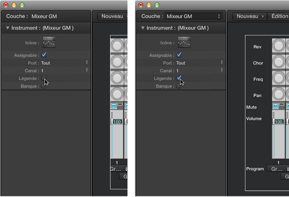 Figure. Case Légende de la table de mixage GM cochée et décochée.
