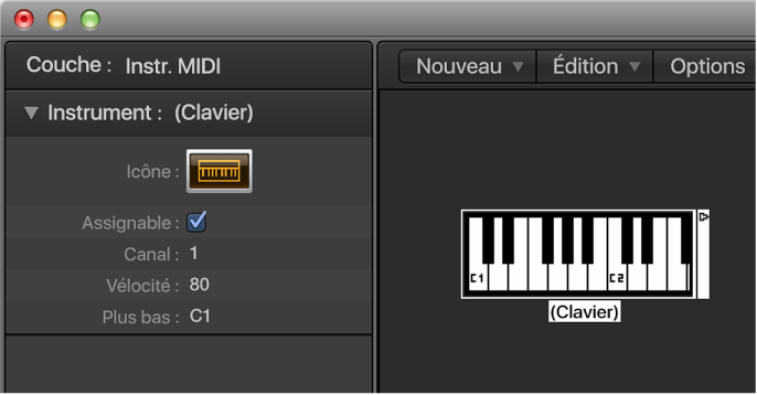 Figure. Fenêtre Environnement affichant un objet de clavier et son inspecteur.