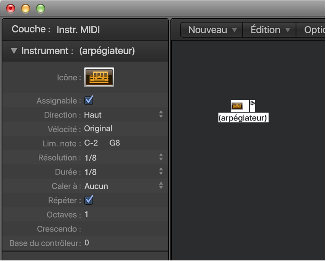 Figure. Fenêtre Environnement affichant un objet Arpégiateur et son inspecteur.