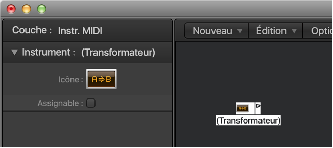 Figure. Fenêtre Environnement affichant un objet Transformateur et son inspecteur.