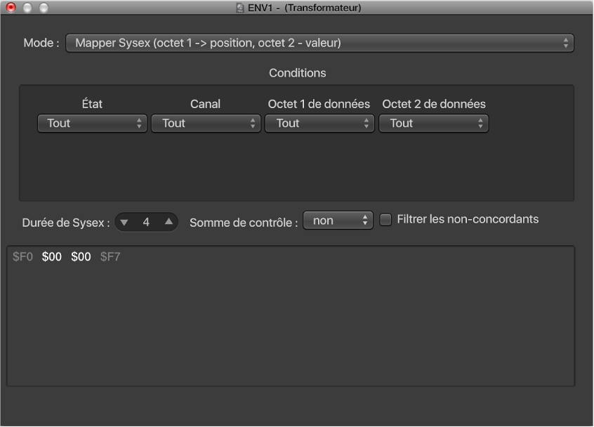Figure. Mapper SysEx dans la fenêtre Transformateur.