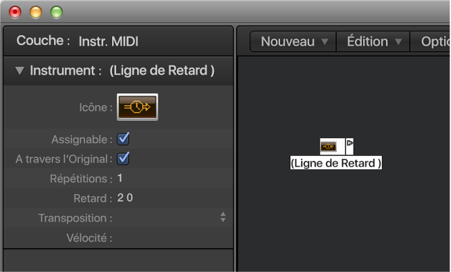 Figure. Fenêtre Environnement affichant un objet Ligne de retard et son inspecteur.