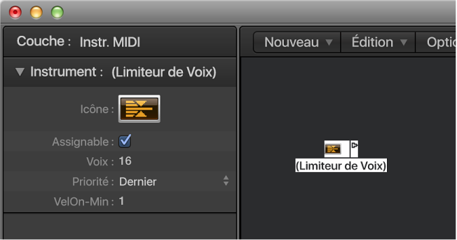 Figure. Fenêtre Environnement affichant un objet Limiteur de voix et son inspecteur.