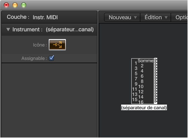 Figure. Fenêtre Environnement affichant un objet Séparateur de canal et son inspecteur.