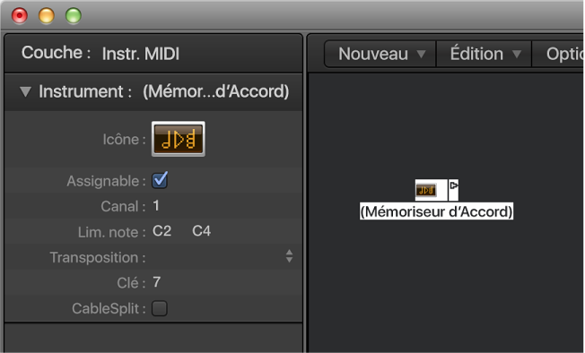 Figure. Fenêtre Environnement affichant un objet Mémoriseur d’accord et son inspecteur.