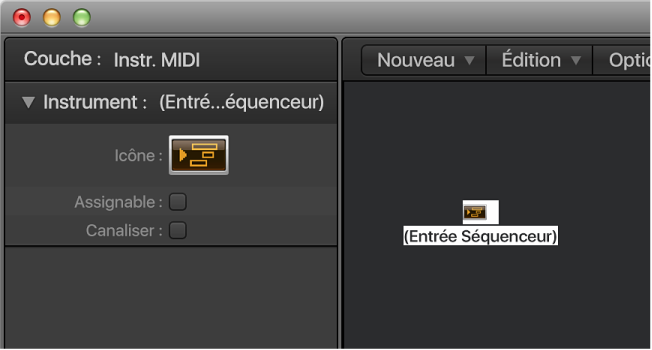 Figure. Fenêtre d’environnement affichant un objet Entrée du séquenceur et son inspecteur.