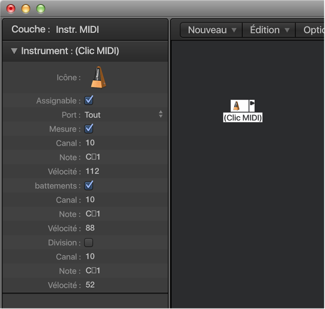 Figure. Fenêtre Environnement affichant un objet Clic MIDI et son inspecteur.