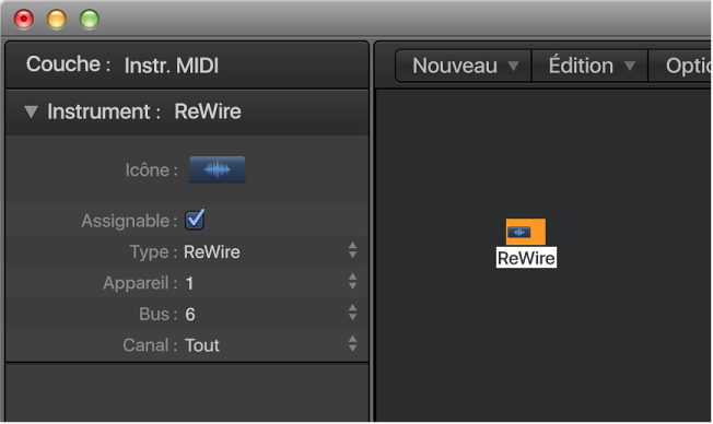 Figure. Fenêtre Environnement affichant un objet ReWire et son inspecteur.