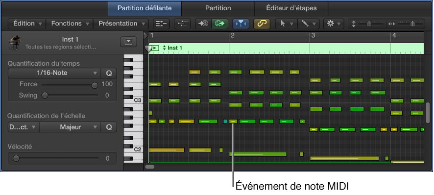 Figure. Éditeur de clavier, avec mise en évidence d’un événement de note MIDI.