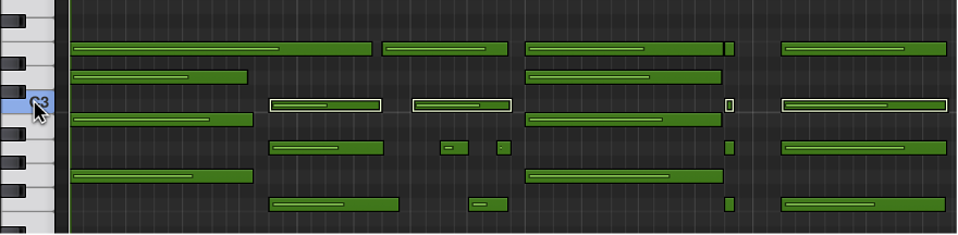 Figure. Sélection de notes de même hauteur tonale en cliquant sur le clavier présent le long du bord gauche de l’éditeur de clavier.