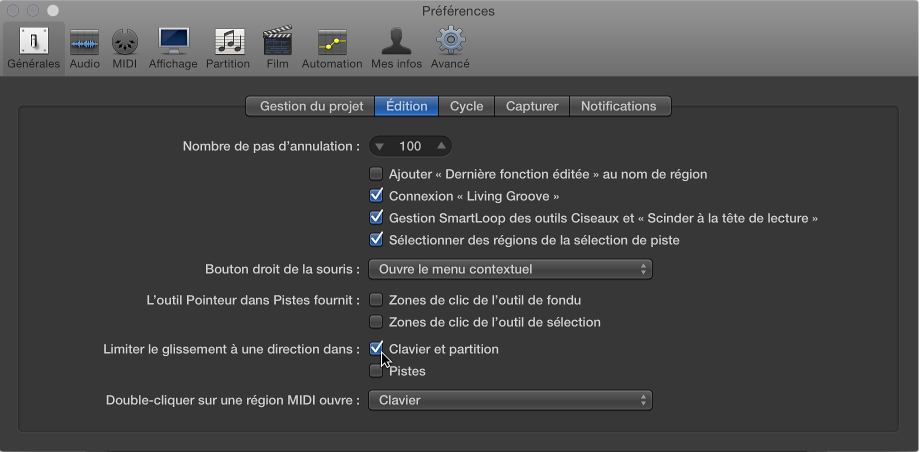 Figure. Préférences générales d’édition avec options permettant de limiter le mouvement de glissement des notes