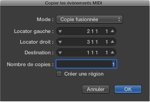 Figure. Zone de dialogue Copier les événements MIDI.