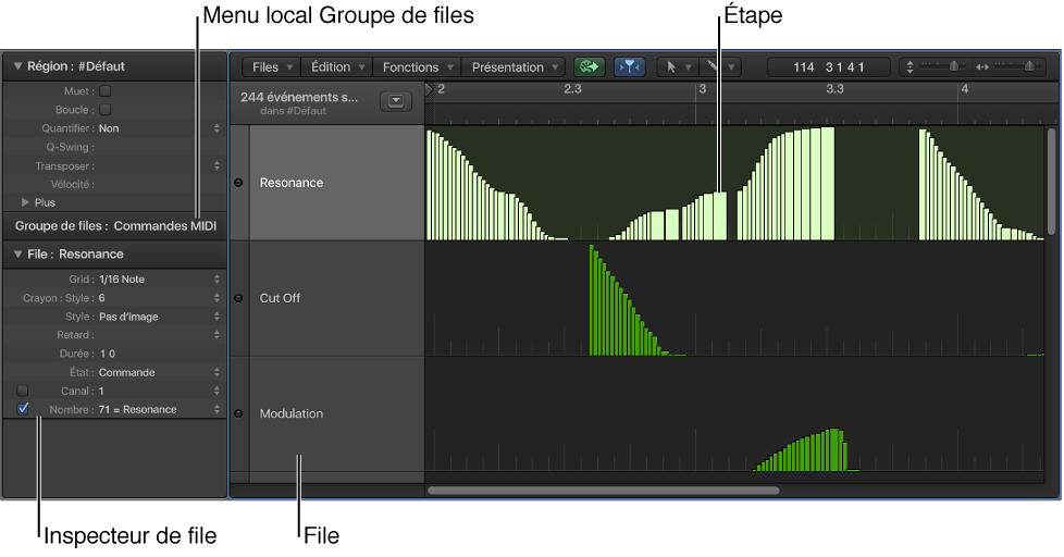 Figure. Fenêtre Éditeur pas à pas affichant les éléments principaux.