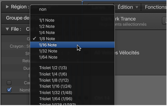 Figure. Menu local Grille dans un inspecteur.