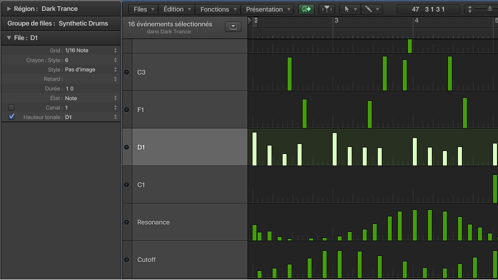 Figure. Éditeur pas à pas affichant des files d’événements de note contrôlant la hauteur tonale des différentes notes.