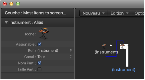 Figure. Fenêtre Environnement affichant un objet Alias et son inspecteur.