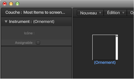 Figure. Fenêtre Environnement affichant un objet Ornement et son inspecteur.
