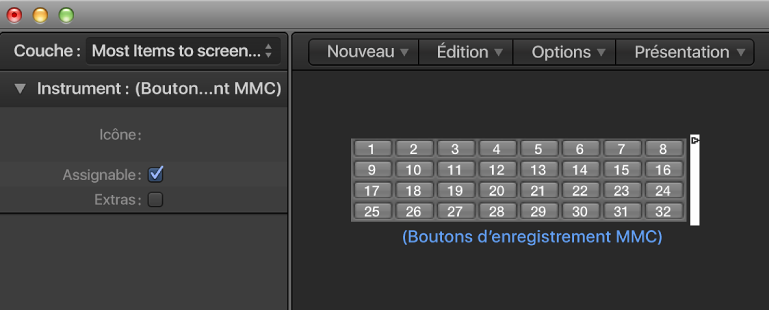 Figure. Fenêtre Environnement affichant un objet Boutons d’enregistrement MMC et son inspecteur.
