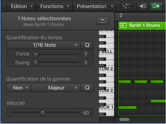 Figure. Éditeur de clavier affichant des noms de note sur le clavier vertical.