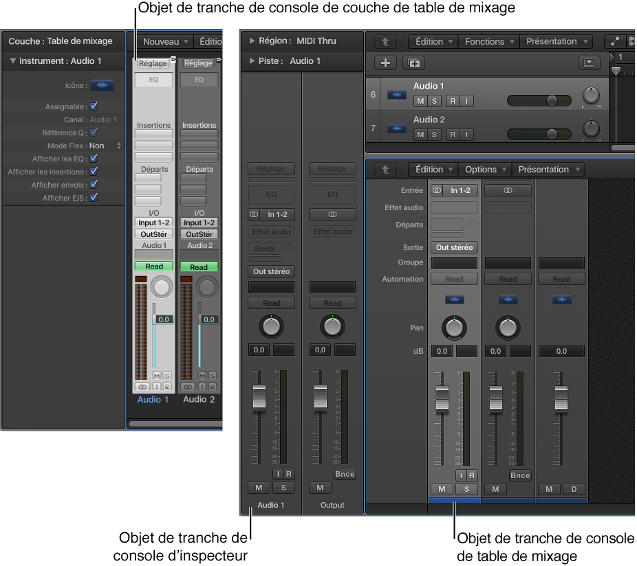Figure. Objets Tranche de console dans la couche Table de mixage de l’environnement, ainsi que dans la table de mixage de la fenêtre principale et l’inspecteur.