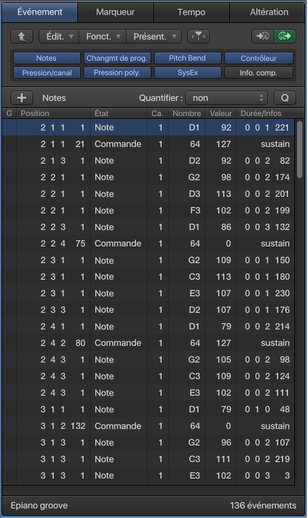 Figure. Zone des listes affichant la sous-fenêtre Liste d’événements
