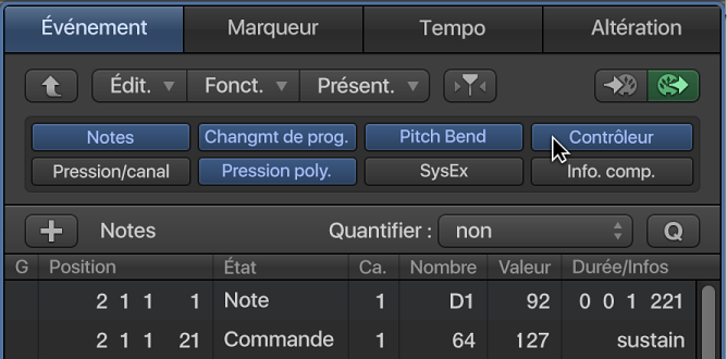 Figure. Onglet Liste d’événements affichant des boutons de type d’événement