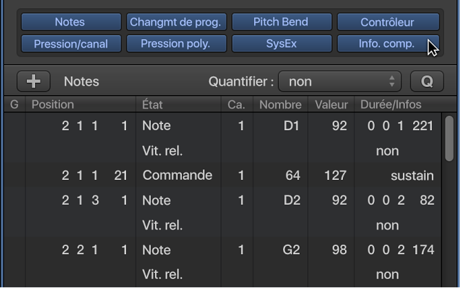 Figure. Onglet Liste d’événements avec bouton d’informations complémentaires