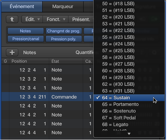 Figure. Sous-fenêtre Liste d’événements affichant le menu local de types de contrôleurs MIDI
