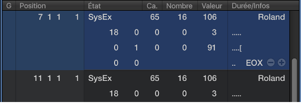 Figure. Liste d’événements affichant des événements SysEx.
