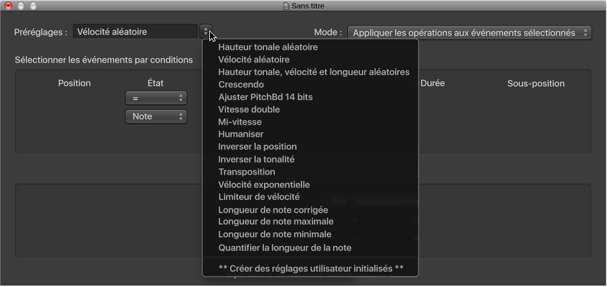 Figure. Fenêtre de transformation avec menu Préréglages.