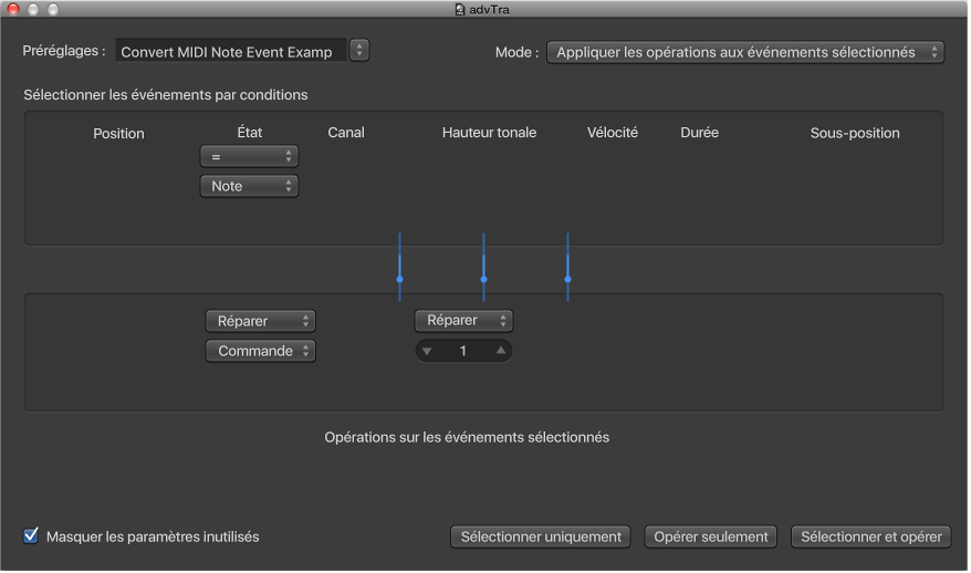 Figure. Fenêtre de transformation affichant des réglages de conversion d’événements de note MIDI en événements de contrôleur MIDI 1.