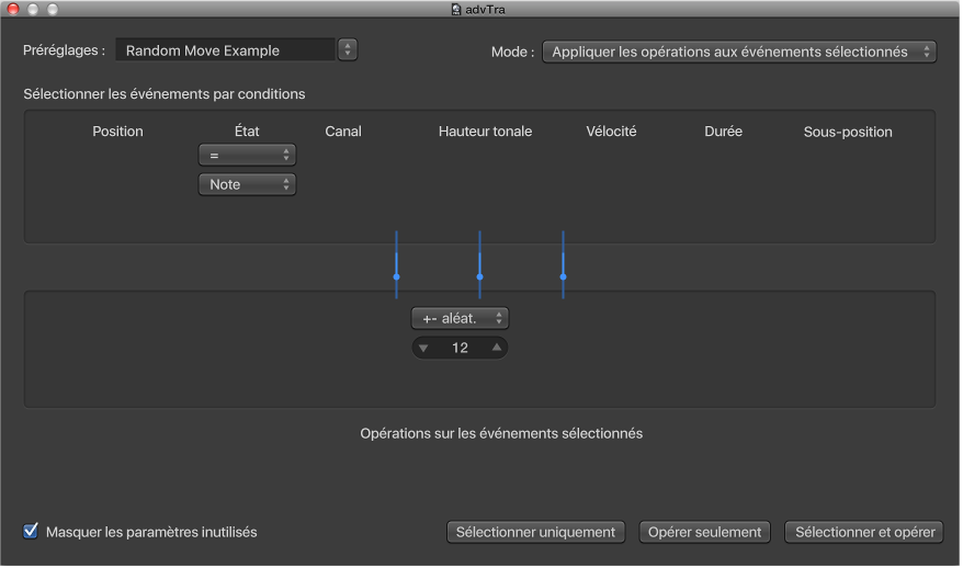 Figure. Fenêtre de transformation affichant des réglages permettant de modifier aléatoirement la hauteur tonale des événements de note MIDI.