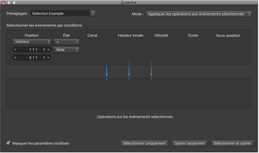 Figure. Fenêtre de transformation affichant des réglages permettant d’effectuer des sélections de notes en vue d’opérations d’édition.