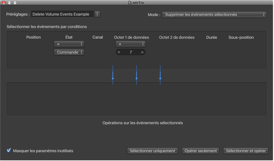 Figure. Fenêtre de transformation affichant des réglages permettant de supprimer des événements de volume d’une région MIDI.