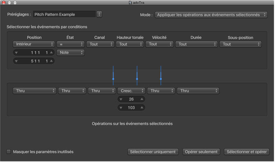 Figure. Fenêtre de transformation affichant des réglages permettant de créer un motif de hauteur ascendante à partir de notes d’une hauteur tonale.