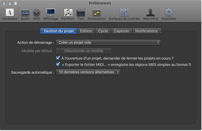 Figure. Préférences générales de gestion de projet.