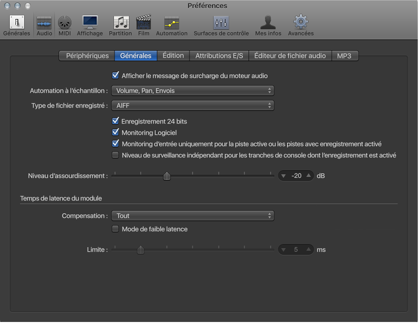 Figure. Préférences audio générales.