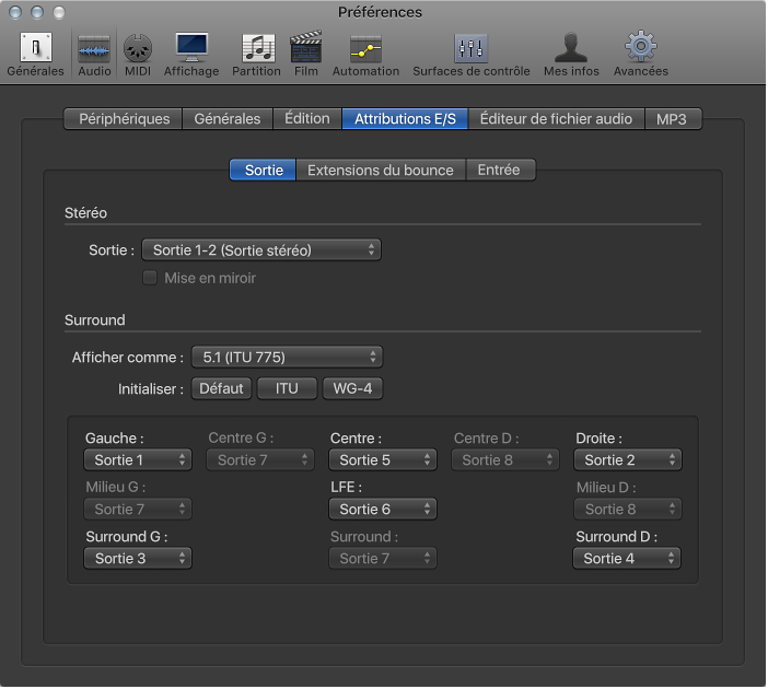 Figure. Préférences Sortie.