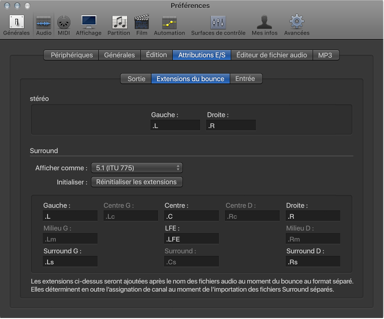 Figure. Préférences Extensions du bounce.