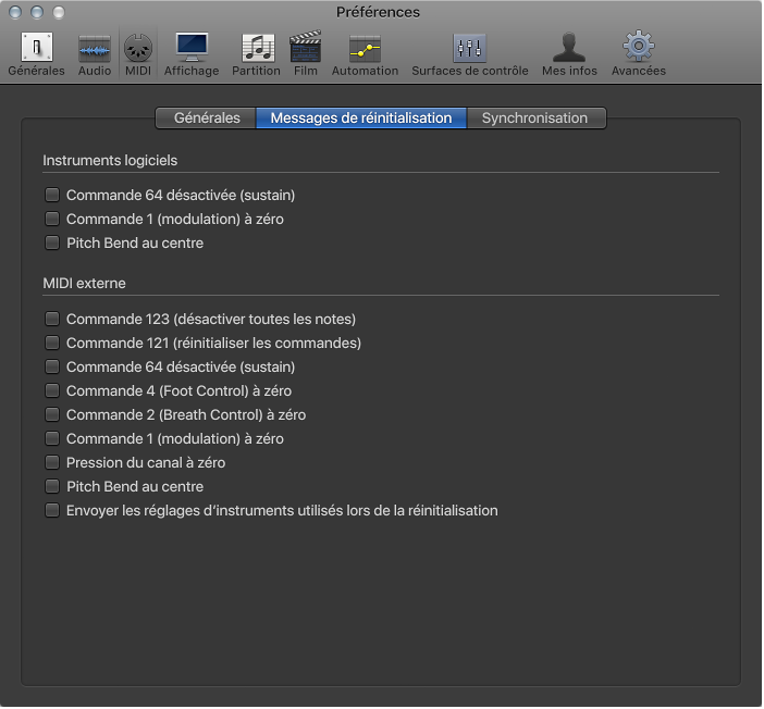 Figure. Préférences des messages de réinitialisation MIDI.